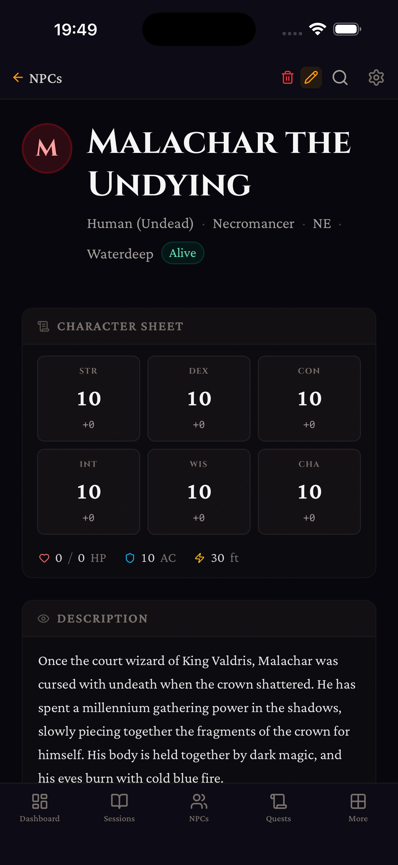 NPC detail page on iPhone
